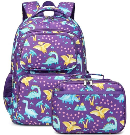 JIANYA School Backpack for Boys and Girls Elementary Children's School Bag Kids Backpack with Lunch Box - color: Dinosaur/ Purple