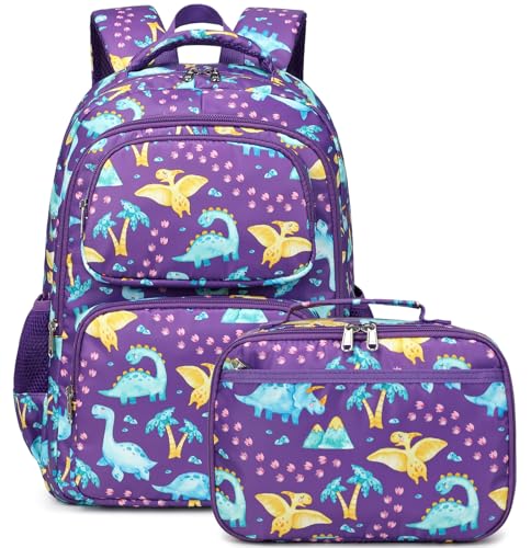 JIANYA School Backpack for Boys and Girls Elementary Children's School Bag Kids Backpack with Lunch Box - color: Dinosaur/ Purple