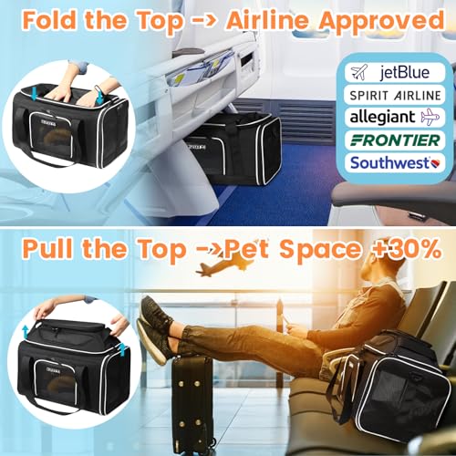 Petskd Top-Expandable Pet Carrier 17x12x8.5 Inches JetBlue Allegiant Spirit Airline Approved, Soft-Sided Carrier for Small Cats and Dogs with Locking Safety Zippers and Anti-Scratch Mesh(Black) - color: Black, size: 17.0"L x 12.0"W x 8.5"H