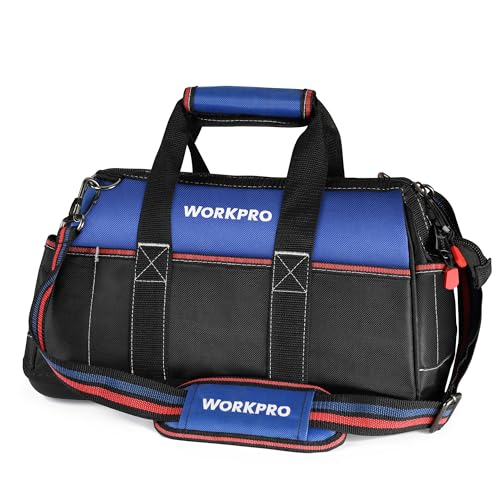 WORKPRO 16-inch Wide Mouth Tool Bag | Heavy Duty Cloth Tool Storage Bag, Water Proof Molded Base, Adjustable Shoulder Strap - color: Blue &Red