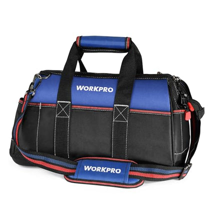WORKPRO 16-inch Wide Mouth Tool Bag | Heavy Duty Cloth Tool Storage Bag, Water Proof Molded Base, Adjustable Shoulder Strap - color: Blue &Red
