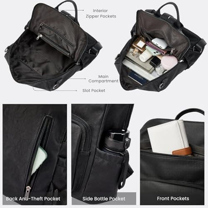 Anti-Theft Backpack Purse for Women, Convertible 3-in-1 Vegan Leather Backpack with Hidden Zipper, Adjustable Shoulder & Crossbody Bag for Travel and Daily Commute - color: A Black