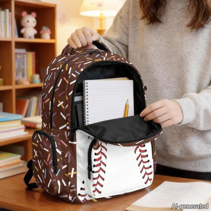 Suobstales Brown Baseball Ice Cream Drip Print School Backpack for Kids Girls Boys School Bag Bookbags Laptop Backpack Casual Daypack Knapsack Satchel with Adjustable Straps for Outdoor Travel - color: Brown Baseball Ice Cream Drip