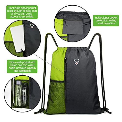 BeeGreen Lime Gym Bag Drawstring Backpack for Women Sports Backpack Workout Bag With 2 Water Bottle Mesh Pockets And Two Zipper Pockets - color: Black/Lime, style: Drawstring With Mesh Pocket
