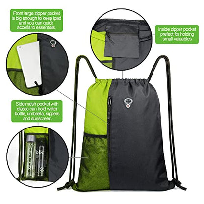 BeeGreen Lime Gym Bag Drawstring Backpack for Women Sports Backpack Workout Bag With 2 Water Bottle Mesh Pockets And Two Zipper Pockets - color: Black/Lime, style: Drawstring With Mesh Pocket