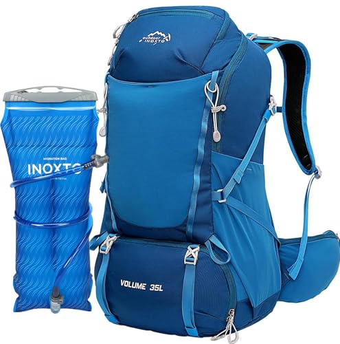 35L Hiking Backpack with 3Lwater bladder, INOXTO Camping Backpack with Waterproof Rain Cover for Men, Outdoor Sport Travel Daypack for Climbing (Dark blue)