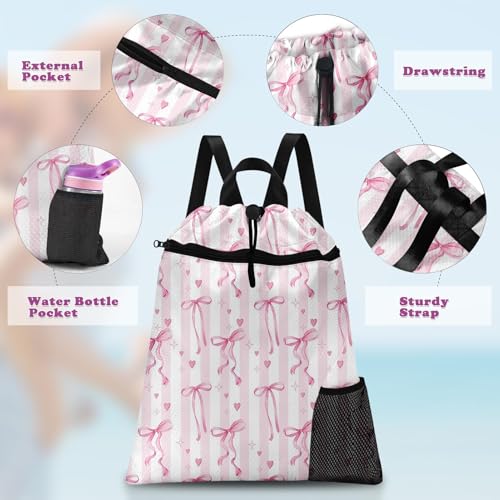 Pink Ribbon Bow Drawstring Backpack, 15” x 17” Waterproof Swim Bag for Beach Swimming Pool, Lightweight Foldable Gym Bag with Water Bottle Holder for Sports Travel - color: Pink Bows Stripes