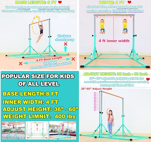 Marfula Gymnastic Bar For Kid and Teenage of 3-25, 5Ft/8 FT Base Length 4Ft Width 5Ft Adjust Height, Gymnastic Kip Bar For Gymnast, Gymnastic Training Equipment For Professional Training Home Club Use - color: Teal (New Style - 8 Ft Base)