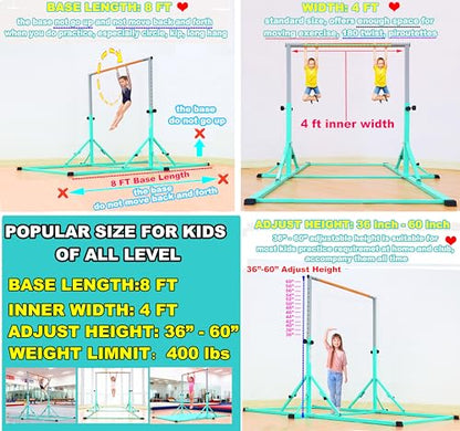 Marfula Gymnastic Bar For Kid and Teenage of 3-25, 5Ft/8 FT Base Length 4Ft Width 5Ft Adjust Height, Gymnastic Kip Bar For Gymnast, Gymnastic Training Equipment For Professional Training Home Club Use - color: Teal (New Style - 8 Ft Base)