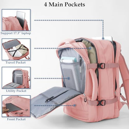 Travel Backpack, Expandable Large Capacity Business Work, Water Repellent Carry On Daypack with USB Charging Port, Fit 17 Inch Laptop, Bag for Men and Women, Pink - color: Pink
