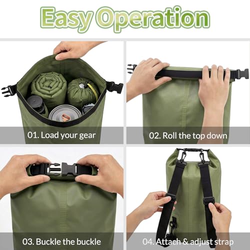 Waterproof Backpack 20L, Army Green Roll Top Water Proof Dry Bag, Heavy Duty Floating Dry Bag for Kayaking Ship Camping, Hiking Backpack with IPX8 Waterproof Phone Pouch-Black, 7" - color: Army green dry bag 20L + Phone pouch 7"