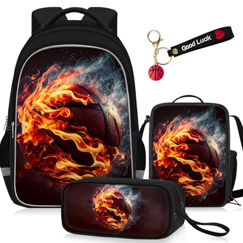 School Backpack for Boys - 4pcs Basketball Boys Backpack with Lunch Box and Pencil Case for Kids Children Teens Elementary Middle School - Students Bag for Ages 6-18,17″Bookbag Travel Back Pack - color: Basketball-03-backpack Set