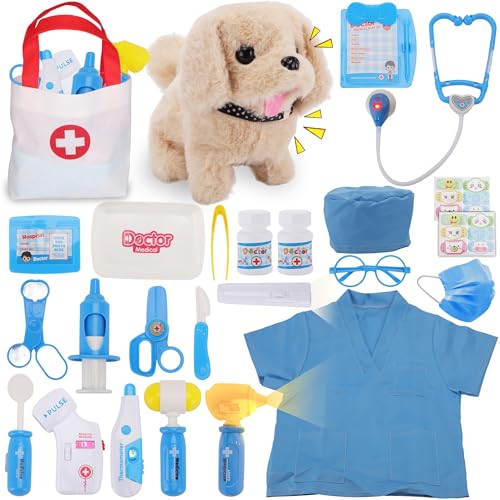 TEUVO Toy Doctor Kit for Girls, Pretend Play Doctor Set with Dog Toy, Carrying Bag, Stethoscope, Dress Up Costume, Toys Doctor Play Birthday Gift for Kids Toddlers 1 2 3 4 5 6 7 Year Old for Role Play - color: Sky Blue