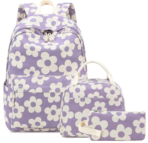 Bluboon School Backpack Set Girls Womens Laptop Bookbag Casual Daypack Fits 15 inch Laptop with Lunch Tote Bag and Pencil Bag - color: Beige Floral / Purple Base
