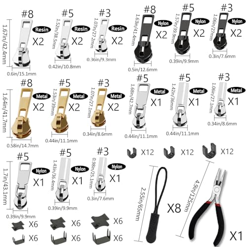 105 Pieces Zipper Repair Kit #3#5#8, Zipper Replacement with Install Plier for Repairing Coats, Jackets, Tents, Backpacks, Sleeping Bag, Luggage