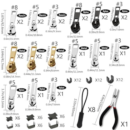 105 Pieces Zipper Repair Kit #3#5#8, Zipper Replacement with Install Plier for Repairing Coats, Jackets, Tents, Backpacks, Sleeping Bag, Luggage