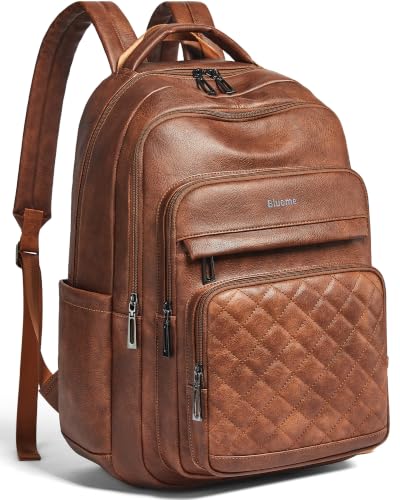 Bluome Work Backpack for Women Men, Laptop Vegan Leather Backpack Purse with 15.6–17 Inch Laptop, Multi-Pocket Bookbag for Office Travel Gym Weekend Overnight Bag, Brown - color: Brown