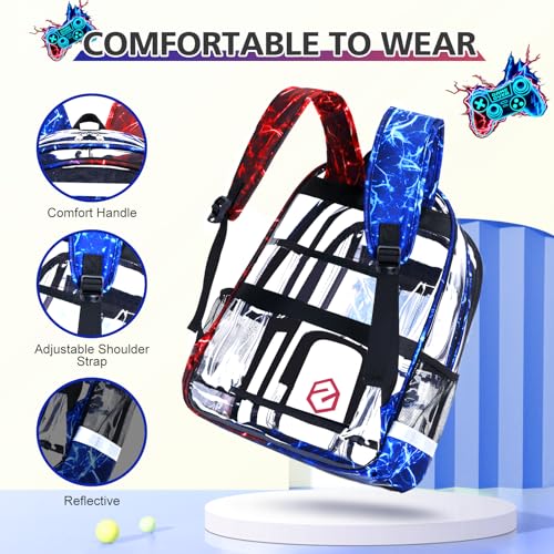 DIGOBAY 3PCS Cool Luminous Clear Backpack for Boys Kids, Gamer Clear Bookbag for School, See Through PVC Transparent Backpacks with Lunch Bag Pencil Case, Backpack Heavy Duty for School Stadium - color: Red-blue Lightning