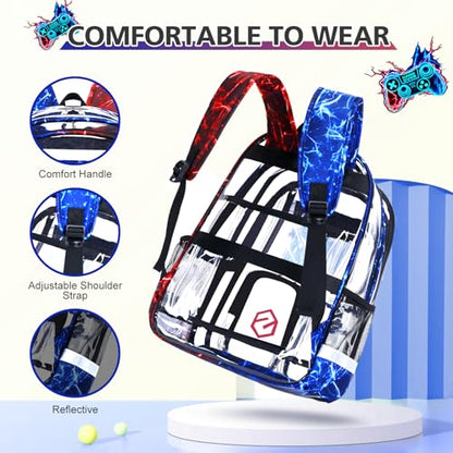 DIGOBAY 3PCS Cool Luminous Clear Backpack for Boys Kids, Gamer Clear Bookbag for School, See Through PVC Transparent Backpacks with Lunch Bag Pencil Case, Backpack Heavy Duty for School Stadium - color: Red-blue Lightning