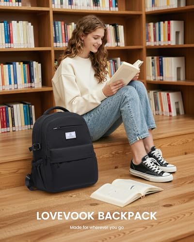 LOVEVOOK Laptop Backpack for Women Teens,College School Backpack with Tumbler Holder,15.6" Computer Bag,14 Pockets,Waterproof - color: Solid Black, size: 15.6inch
