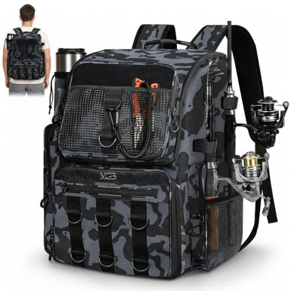 MGB 46L Fishing Tackle Backpack with 2 Rod Holders & YKK Zipper Storage Fishing Gear and Equipment, Gifts for Men Father - color: Blue+Black Camo（without Tackle Box）