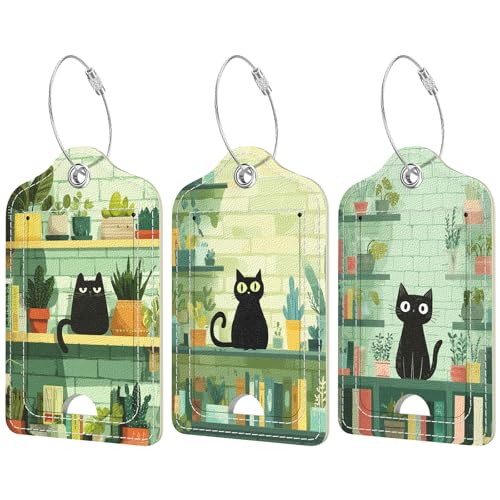 Rimilak 3 Pcs PU Leather Luggage Tags for Suitcase, Travel Cruise Luggage Tag with Privacy Flap, Name ID Label and Metal Loop for Women Men Baggage Handbag School Bag Backpack,Plant Cat - color: Plant Cat