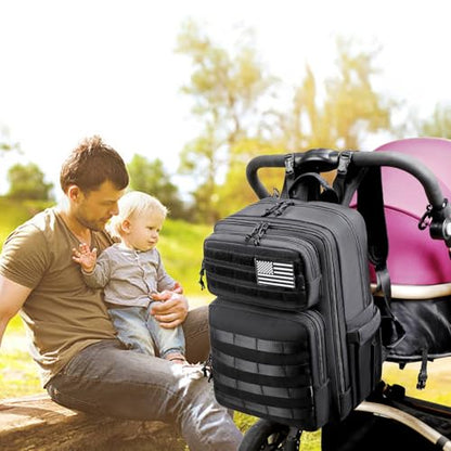 LORADI Large Dad Diaper Bag Backpack, Tactical Style, Black | Stroller Clips, Luggage Sleeve for Travel, Insulated Pockets - color: Black