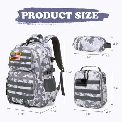 Camo Backpack for Boys, Tactical Boys Backpack with Lunch Box Pencil Case, Kids Backpacks with USB Charging Port, Military Army School Bookbag for Teen Boy Elementary Middle High School Camp - color: Grey
