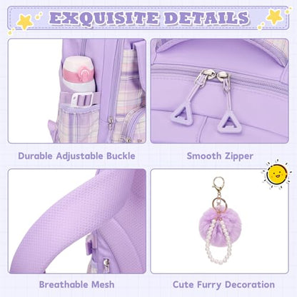 MUSEVOS Girls Backpack, Ideal School Backpack for Girls from Elementary to Teen Years, Kawaii Bookbag Cute Large Capacity - color: Purple