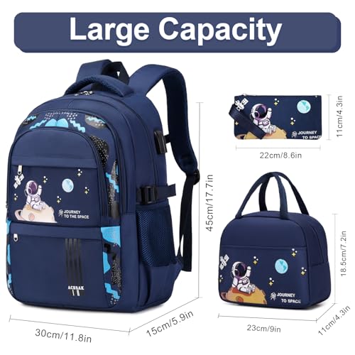 ACESAK Backpack for Boys - Boy Backpack Schoolbag for Boys Kids Children Teens Girls Elementary Middle School Bags, Waterproof Lightweight Kids Bookbag Backpacks Casual Daypack with Lunch Bag Set - color: Blue