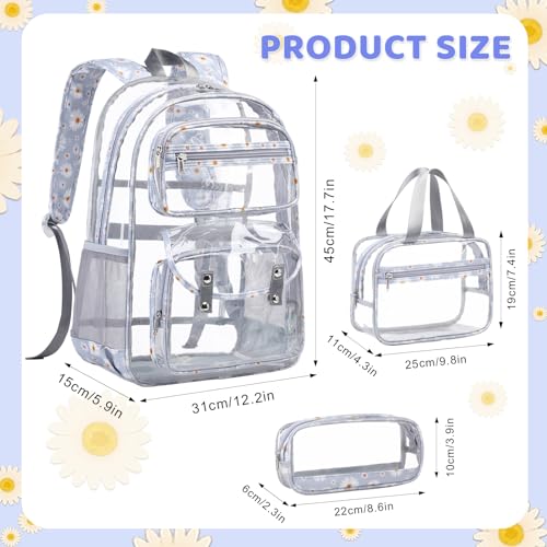 ACESAK Clear Backpack for Girls - 3 Pcs Clear Backpack Heavy Duty with Lunch Bag - See Through Bookbag Stadium Approved for Kids Middle High College School Sport Travel (Gray Daisy) - color: Gray Daisy