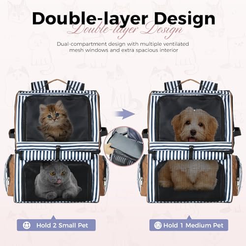 Double Cat Backpack Carrier for 2 Cats, Double-Compartment Pet Carrier Backpack for 2 Small Cat or One Medium Cat, Cats Carrier Backpack Dog Carrier Backpack Fits Up to 24 Lbs,Blue Striped - color: Striped
