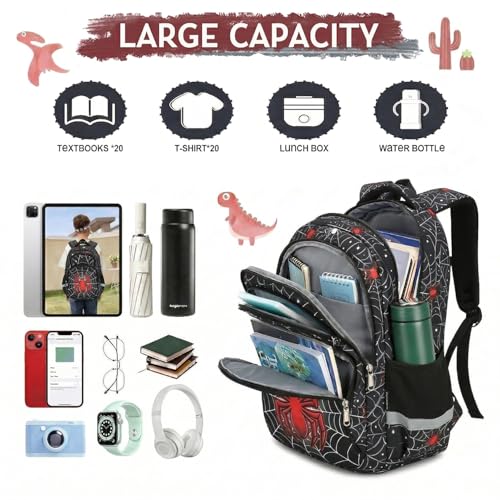 Cusangel kids Backpack for School Boys Girls 8-12ages,16in Bookbag Stitch,durable Water Resistant,7 Pockets, Adjustable Chest Strap,Large For Travel,Gifts (Red Spider-17in) - color: Red Spider-17in