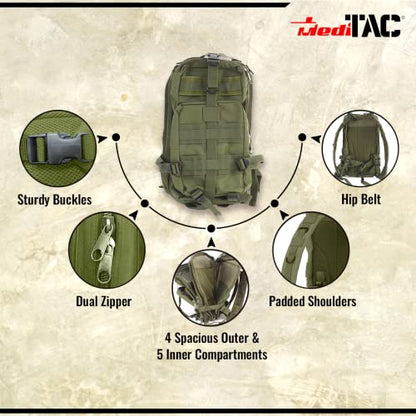 MediTac Tactical Assault Pack - First Aid Rucksack - 18" Military MOLLE Backpack - color: Olive Drab