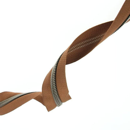 #5 Antique Brass Metallic Nylon Coil Zippers by The Yard Bulk Brown Zipper Tape 10 Yards with 25Pcs Pulls for DIY Sewing Craft Bags YIGUANXIN - color: Brown-Brass