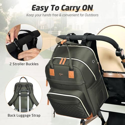 Diaper Bag Backpack - Extra Large Diaper Bag for 2 Kids Twin, Travel Baby Bags for Mom Dad 25-37L Expandable with Changing Pad Earphone Hole, Solid Green - color: Solid Green