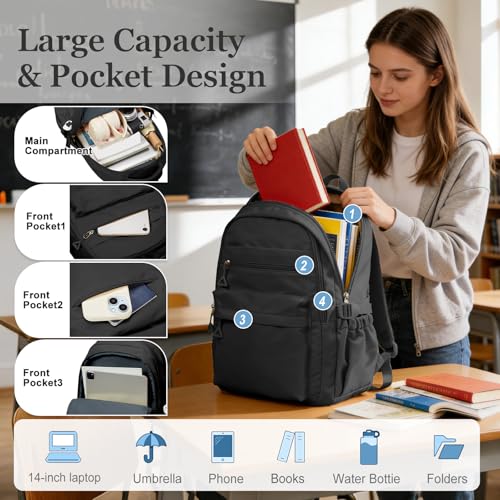 Black Backpack for College Students Women Men, Aesthetic Backpacks for Middle School, Waterproof Bookbag, Lightweight High School Backpack for Teens Boys Girls - color: Black