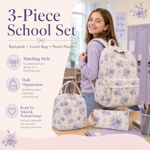 BTOOP School Backpacks for Teen Girls Bookbags Lightweight Kids Backpack School Bags Set with Lunch Box Pencil Case - color: Purple Flroal Bow