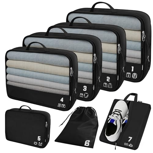 7 Set Compression Packing Cubes for Travel, Luggage Organizer Bags for Suitcases with Mesh Panels, Shoe Bag & Toiletry Bag for Carry On, Vacation & Cruise Essentials (Black) - color: Black