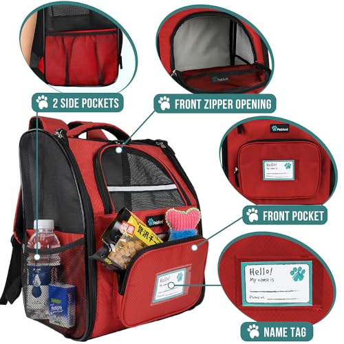 PetAmi Dog Backpack Carrier for Small Medium Dogs Large Cats up to 18 lbs, 2 Side Entry, Structured No-Collapse Frame, Airline Approved Ventilated Pet Backpack for Hiking Camping Travel Vet, Red - color: Red