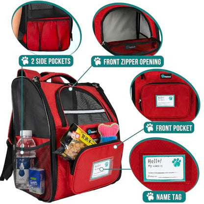 PetAmi Dog Backpack Carrier for Small Medium Dogs Large Cats up to 18 lbs, 2 Side Entry, Structured No-Collapse Frame, Airline Approved Ventilated Pet Backpack for Hiking Camping Travel Vet, Red - color: Red