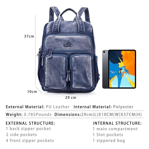 Angel Kiss Backpack Purse for Women Soft Washed Leather Multi Pocket Casual Travel Backpacks… - color: Navy-blue