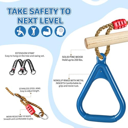 LadyRosian Wooden Trapeze Swing Bar, Adjustable Height Swing Set, Gym Rings, Playground Attachments, 16.5" Monkey Bar for Backyard, Playground, Playroom (Blue) - color: Blue