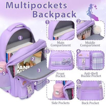 Alrisg Girls School Backpack Preppy Plaid Bookbag Lightweight Backpack for Girls Elementary Middle School Bow Purple - color: Purple, size: 17in