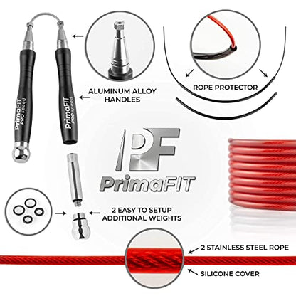 PrimaFIT Jump Rope Pro Speed Skipping Rope Adjustable Adult Jumping Rope Weighted Aluminium Handles for Double Dutch Boxing Workout Crossfit Exercise Fitness Spare Cable Weights Protectors Carry Bag - color: Black