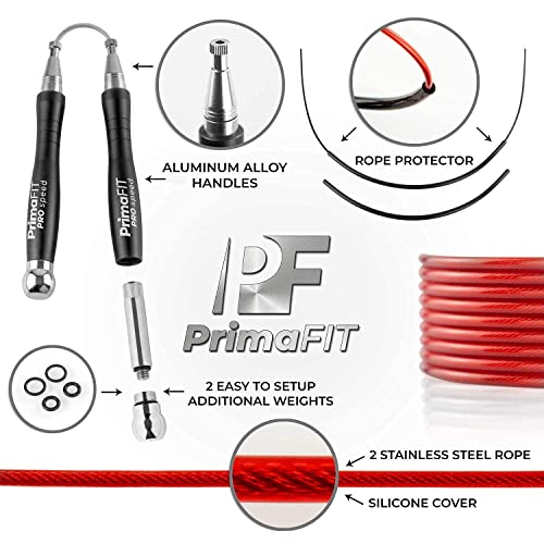PrimaFIT Jump Rope Pro Speed Skipping Rope Adjustable Adult Jumping Rope Weighted Aluminium Handles for Double Dutch Boxing Workout Crossfit Exercise Fitness Spare Cable Weights Protectors Carry Bag - color: Black