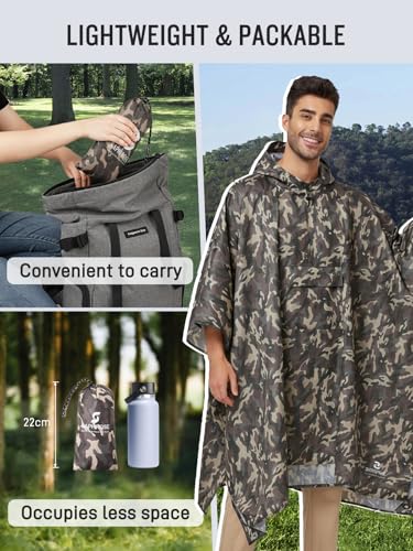 SaphiRose Extra Thick Hooded Rain Poncho Double Layer Waterproof Raincoat Jacket for Men Women Adults - color: Brown Camouflage