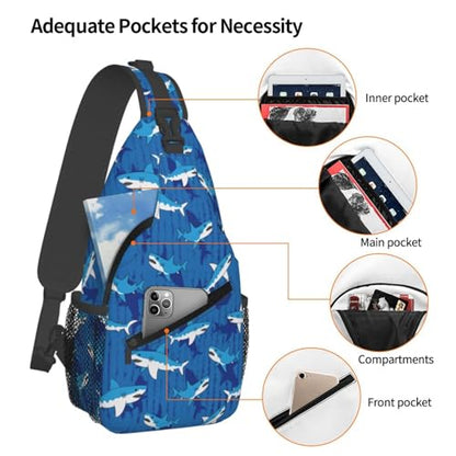 Blue cartoon Sharks Outdoor Crossbody Shoulder Bag For Unisex Young Adult Hiking Bicycling - color: 19