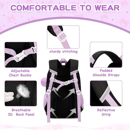 PIG PIG GIRL Kids Backpack for Girls School Bags for Middle School Students Book Bag for Elementary Primary Kawaii Ita Backpack, Black and Purple - color: Black and Purple