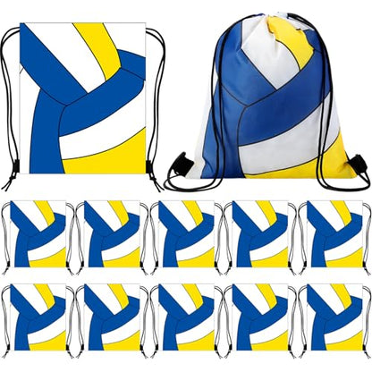 Dansydaisy 12 Pcs 12 In Volleyball Drawstring Backpack Bag Goodie Snack Gift Bags Sports Party Favors String Backpack Bulk(Blue, Yellow, White) - color: Blue, Yellow, White
